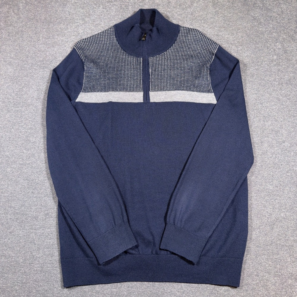 Banana Republic Quarter Zip Sweater Mens Large Blue Merino Wool Blend Mock Neck